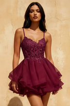 Gail Burgundy Mini Rhinestone Dress | Elegant Lace Party Gown