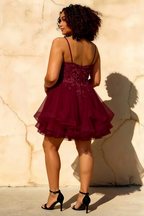 Gail Burgundy Mini Rhinestone Dress | Elegant Lace Party Gown