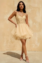 Gail Champagne Rhinestone Mesh Mini Dress for Prom & Party