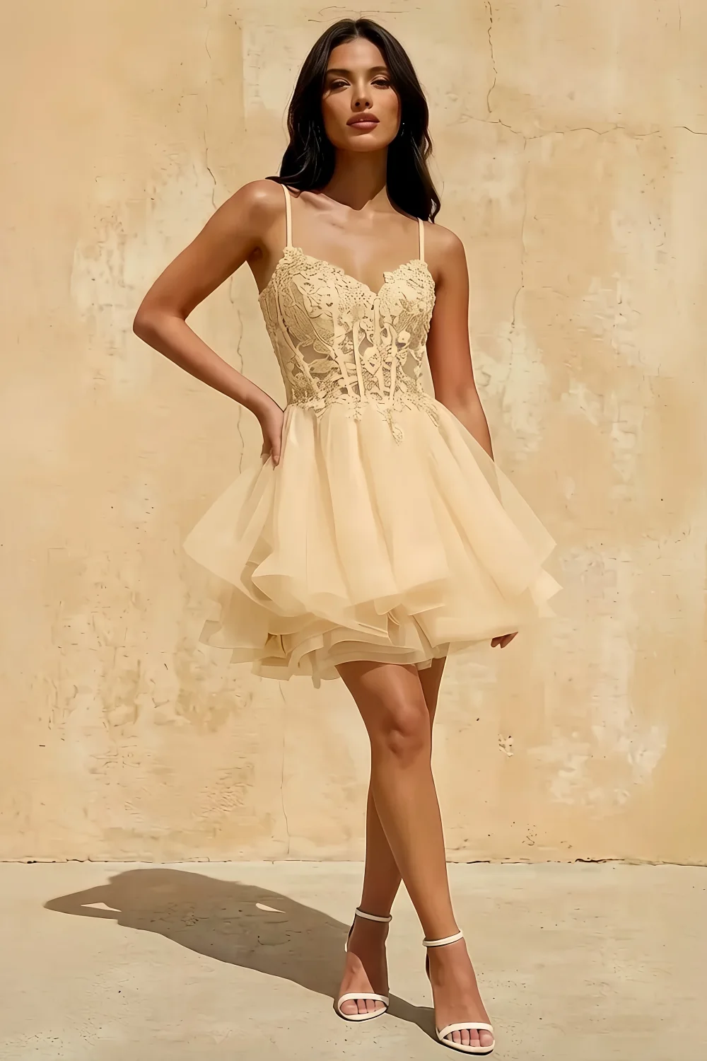 Gail Champagne Rhinestone Mesh Mini Dress for Prom & Party