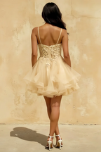 Gail Champagne Rhinestone Mesh Mini Dress for Prom & Party