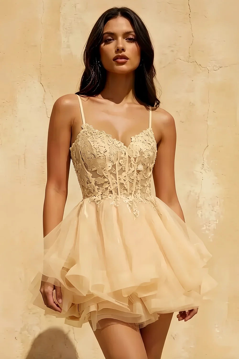 Gail Champagne Rhinestone Mesh Mini Dress for Prom & Party
