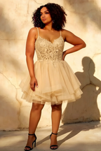 Gail Champagne Rhinestone Mesh Mini Dress for Prom & Party