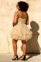 Gail Champagne Rhinestone Mesh Mini Dress for Prom & Party