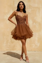 Gail Coffee Mini Dress With Rhinestones | A-Line Lace Party Wear