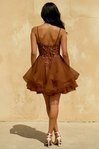 Gail Coffee Mini Dress With Rhinestones | A-Line Lace Party Wear