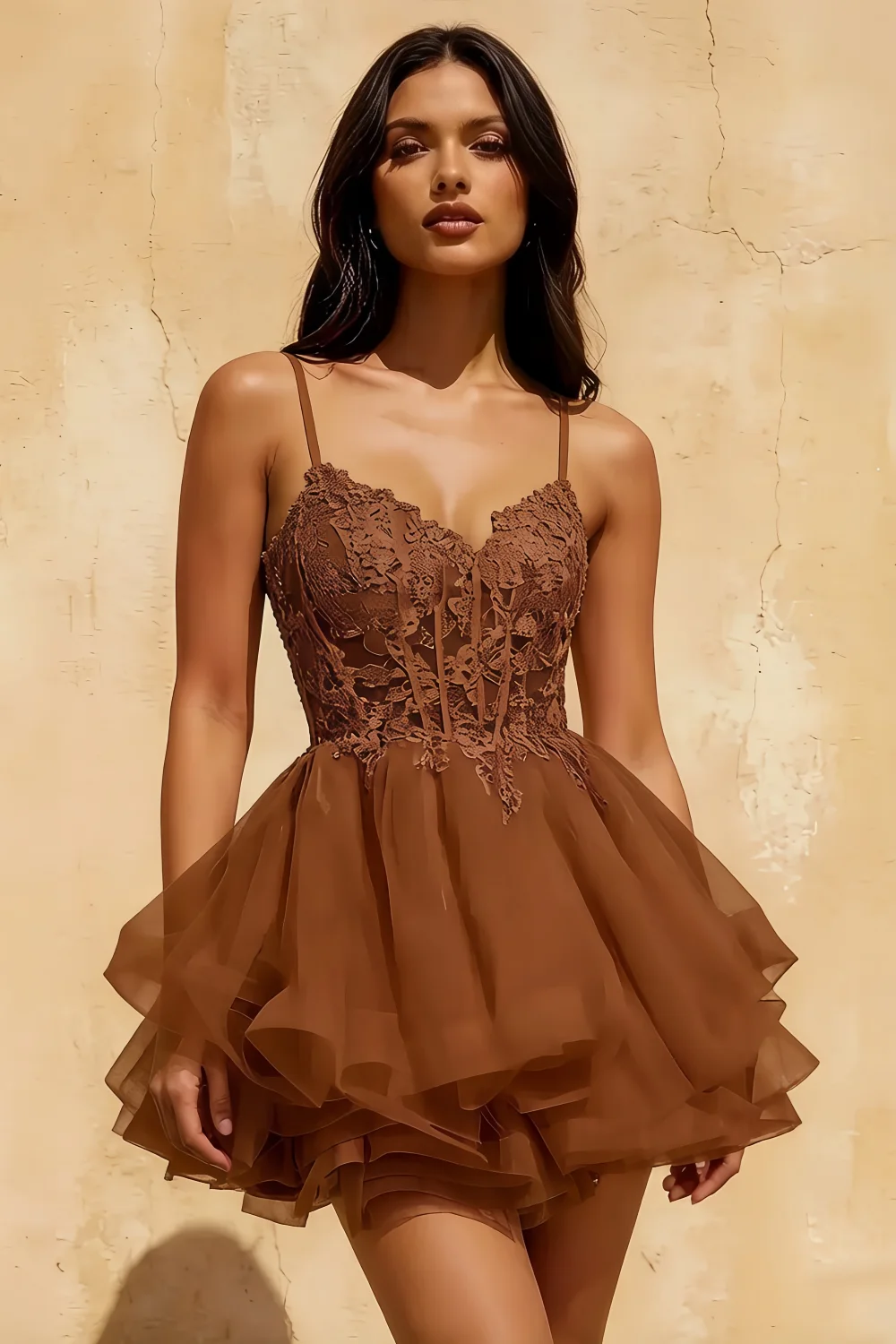 Gail Coffee Mini Dress With Rhinestones | A-Line Lace Party Wear