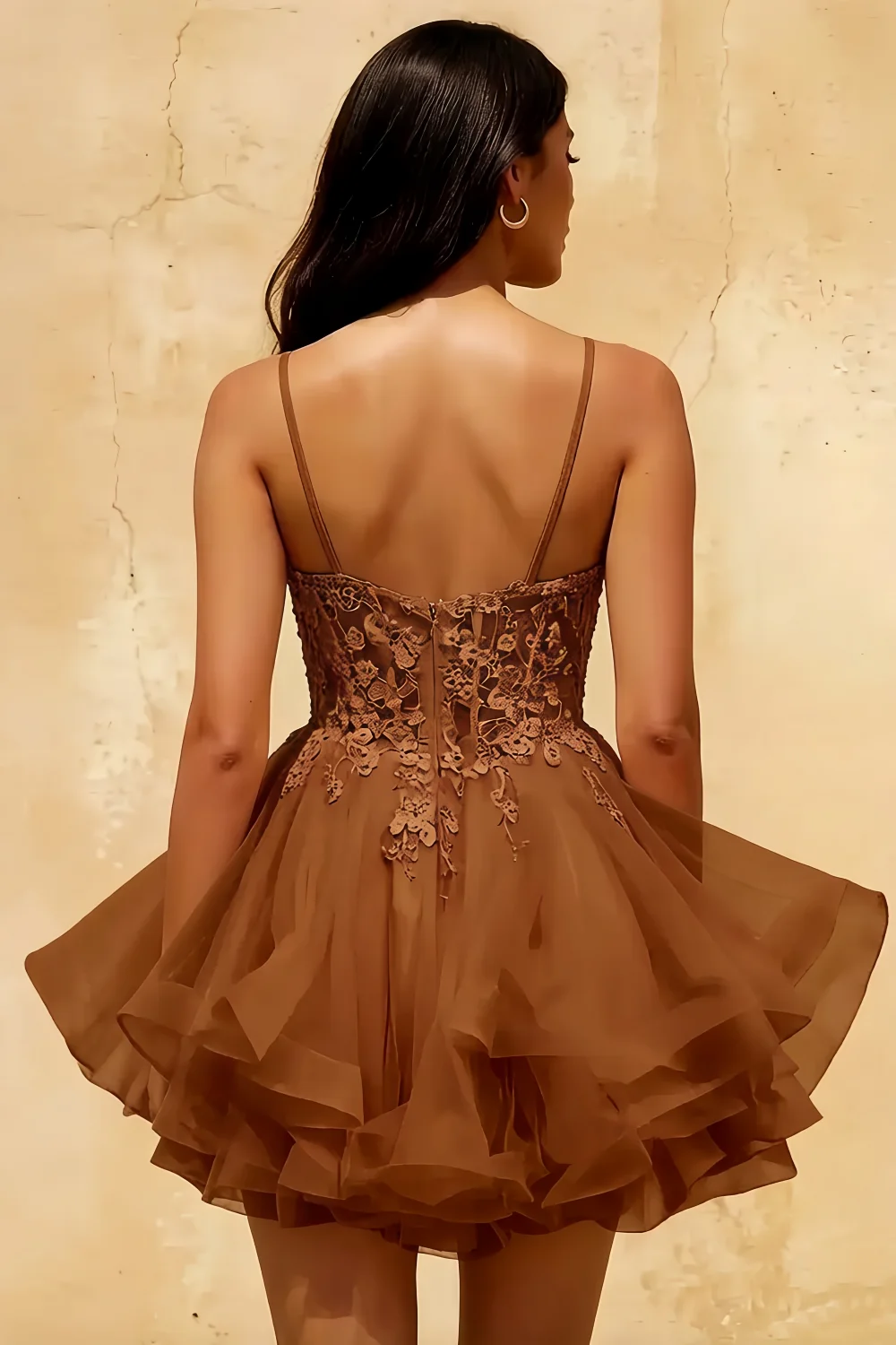 Gail Coffee Mini Dress With Rhinestones | A-Line Lace Party Wear