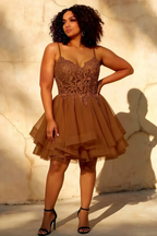 Gail Coffee Mini Dress With Rhinestones | A-Line Lace Party Wear