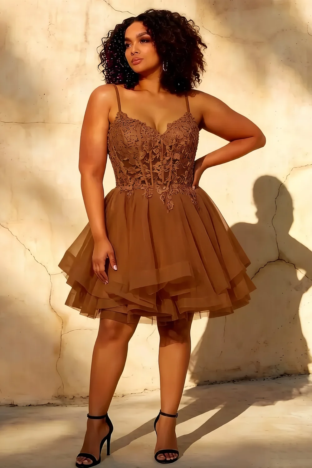 Gail Coffee Mini Dress With Rhinestones | A-Line Lace Party Wear