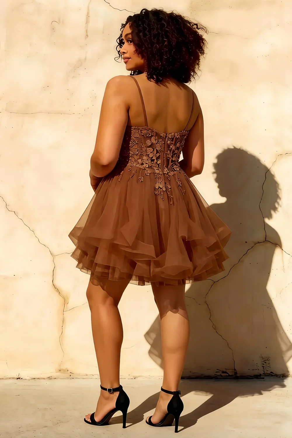 Gail Coffee Mini Dress With Rhinestones | A-Line Lace Party Wear