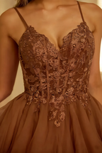 Gail Coffee Mini Dress With Rhinestones | A-Line Lace Party Wear