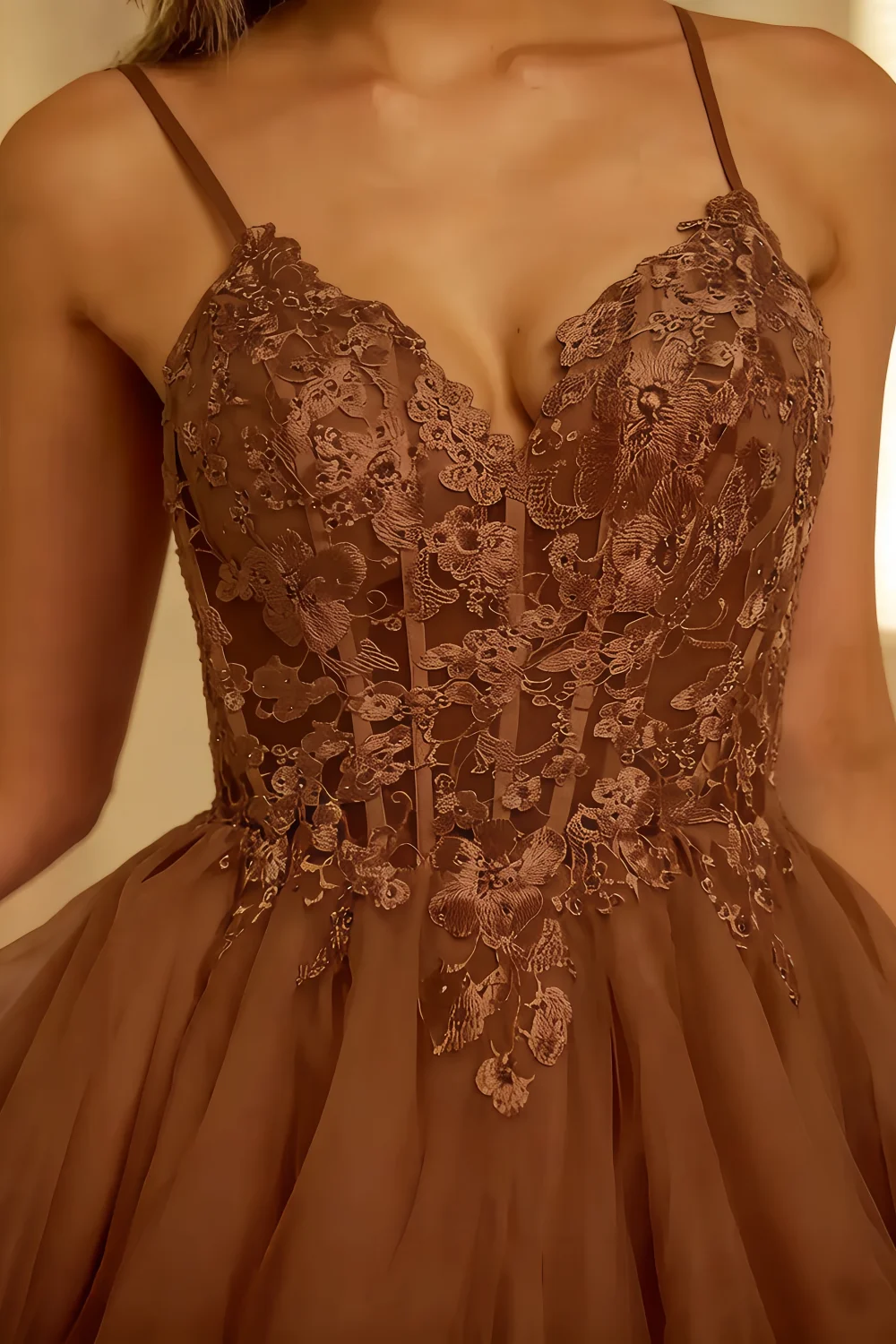 Gail Coffee Mini Dress With Rhinestones | A-Line Lace Party Wear