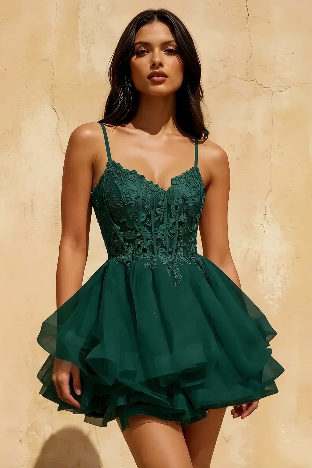 Gail Emerald Green Rhinestone Mini Dress | Lace & Tulle Party Gown