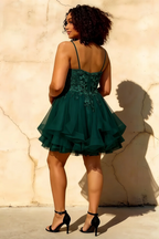 Gail Emerald Green Rhinestone Mini Dress | Lace & Tulle Party Gown
