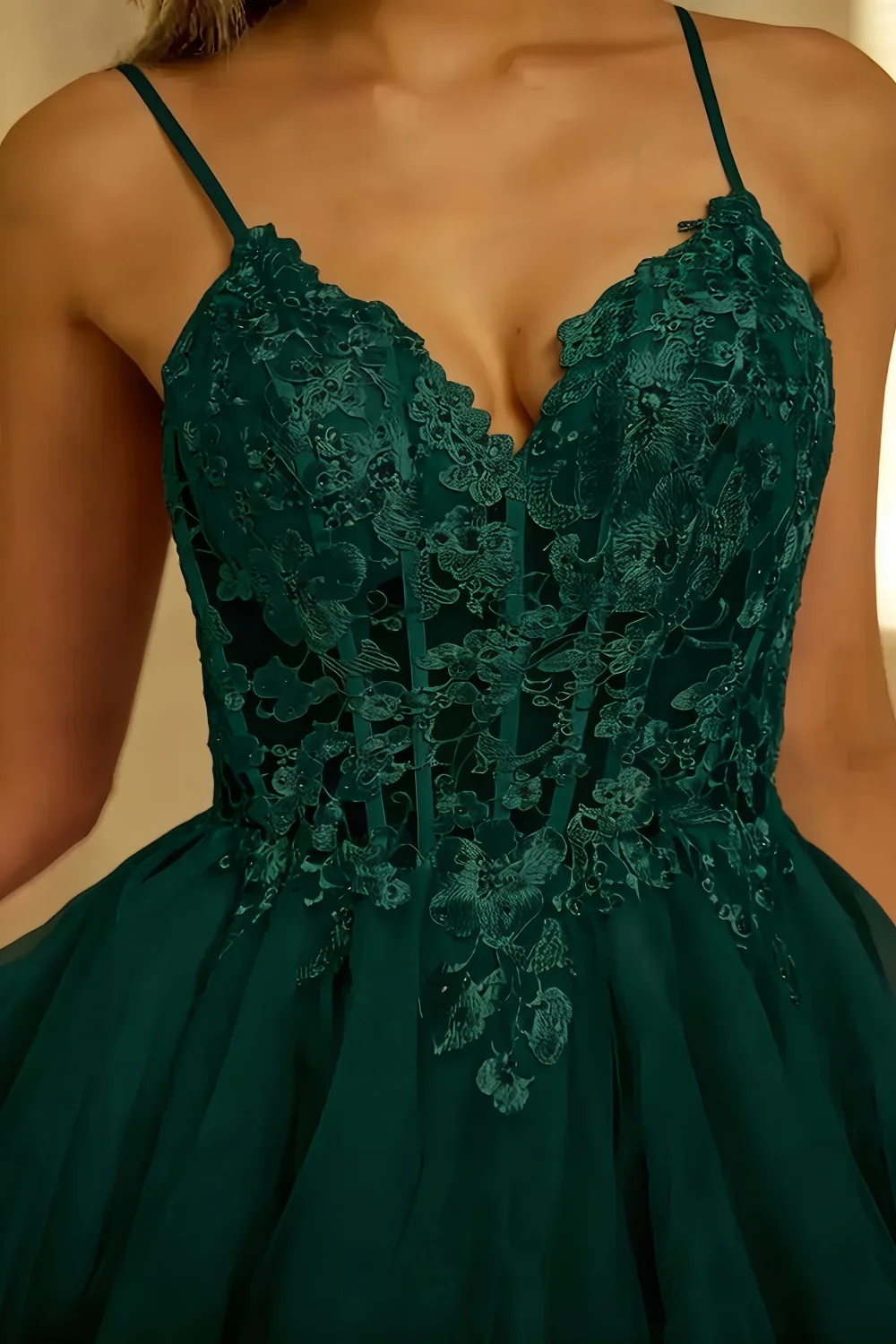 Gail Emerald Green Rhinestone Mini Dress | Lace & Tulle Party Gown