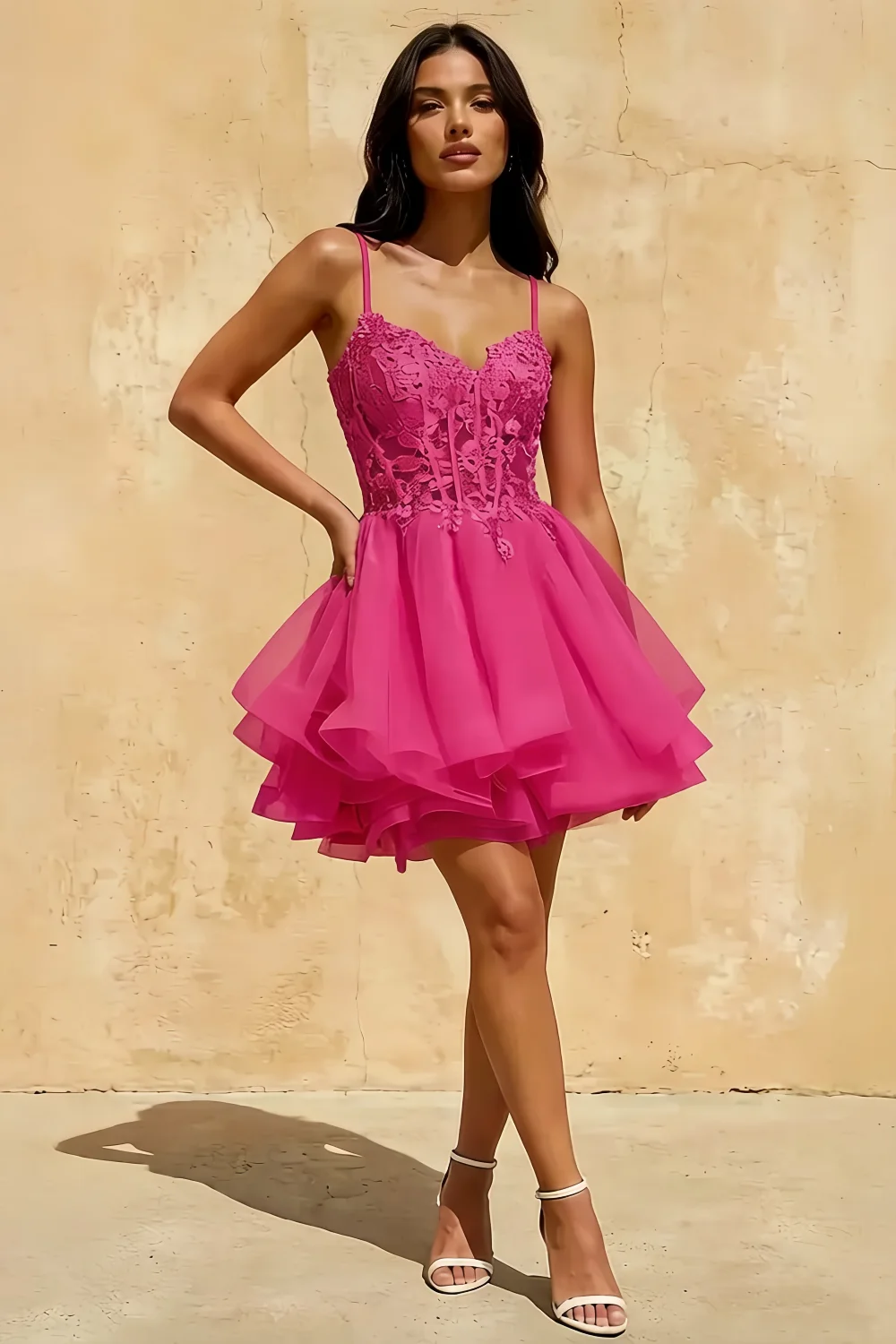 Minivestido de encaje rosa fuerte Gail con falda de tul y pedrería Imagen principal del producto