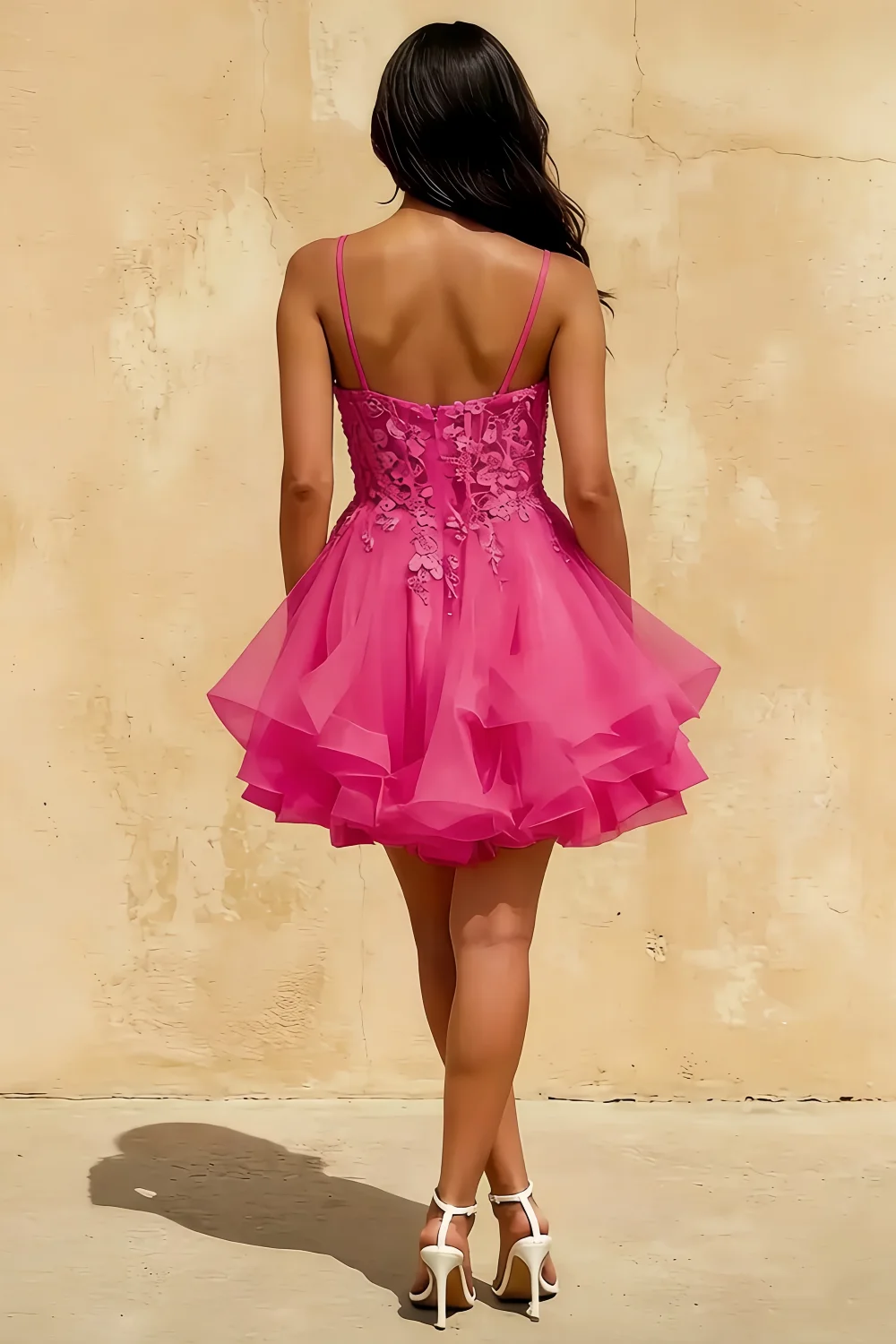 Gail Hot Pink Lace Mini Dress with Rhinestone & Tulle Skirt