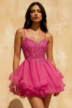 Gail Hot Pink Lace Mini Dress with Rhinestone & Tulle Skirt