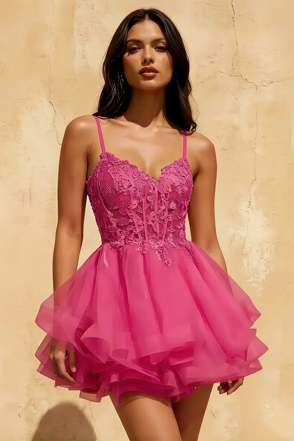 Gail Hot Pink Lace Mini Dress with Rhinestone & Tulle Skirt