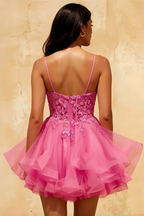 Gail Hot Pink Lace Mini Dress with Rhinestone & Tulle Skirt
