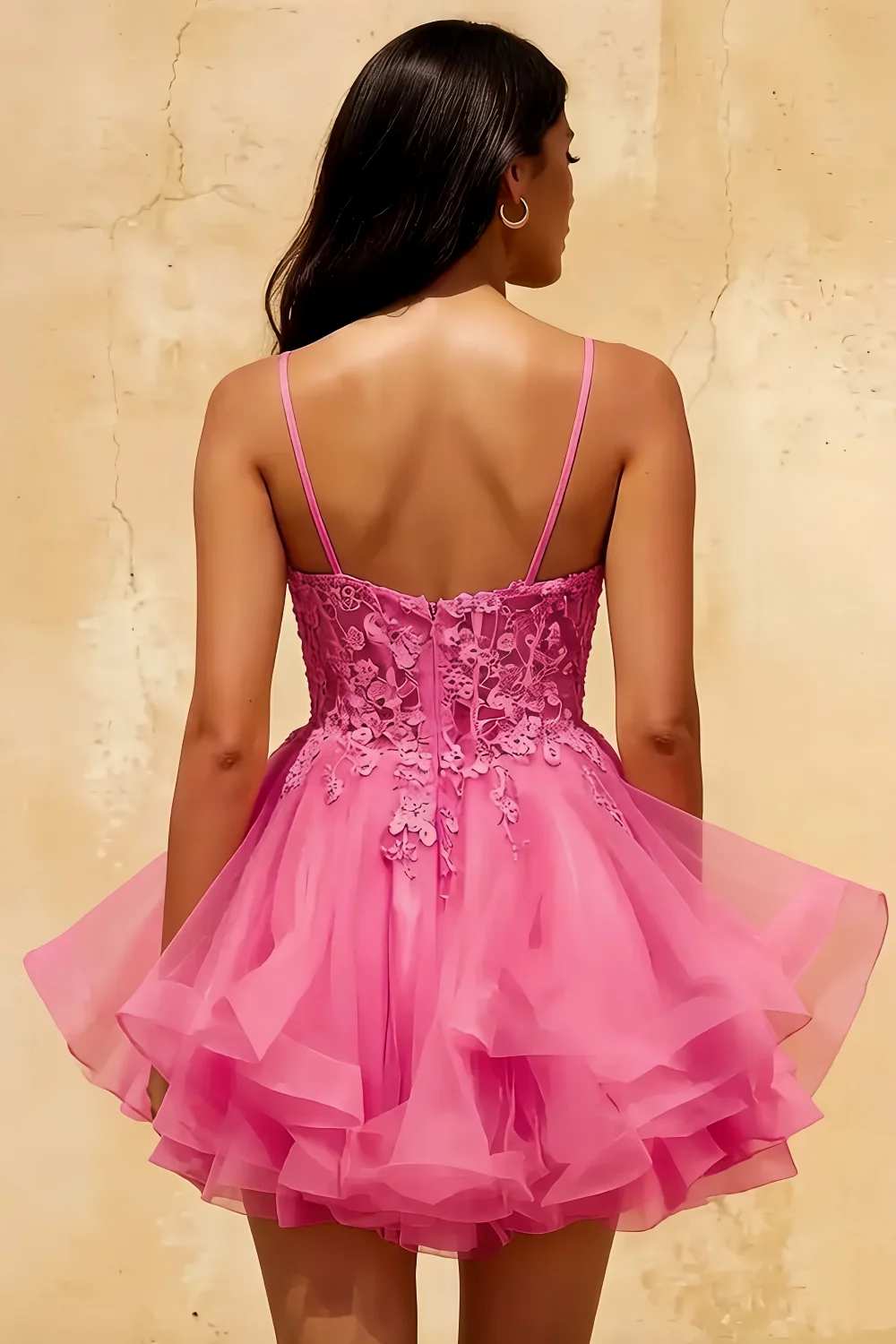 Gail Hot Pink Lace Mini Dress with Rhinestone & Tulle Skirt