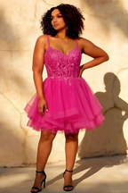 Gail Hot Pink Lace Mini Dress with Rhinestone & Tulle Skirt