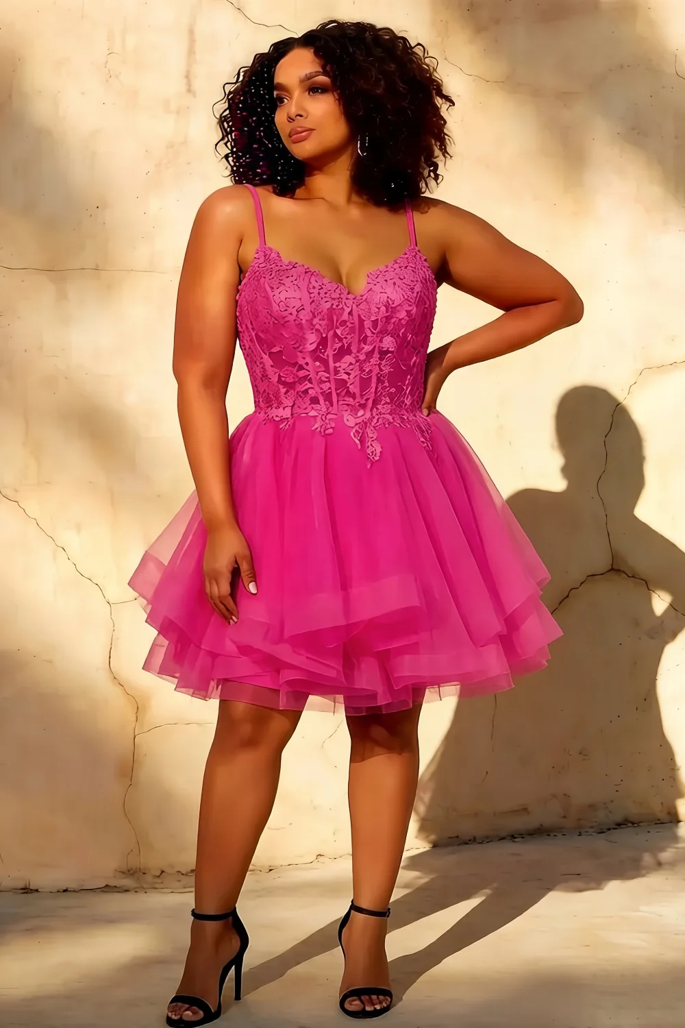 Gail Hot Pink Lace Mini Dress with Rhinestone & Tulle Skirt
