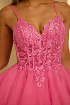 Gail Hot Pink Lace Mini Dress with Rhinestone & Tulle Skirt