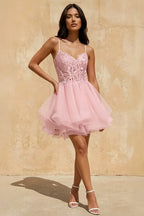 Gail Pink Rhinestone Mini Dress | Lace Tulle Prom Gown
