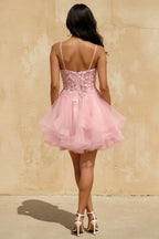 Gail Pink Rhinestone Mini Dress | Lace Tulle Prom Gown