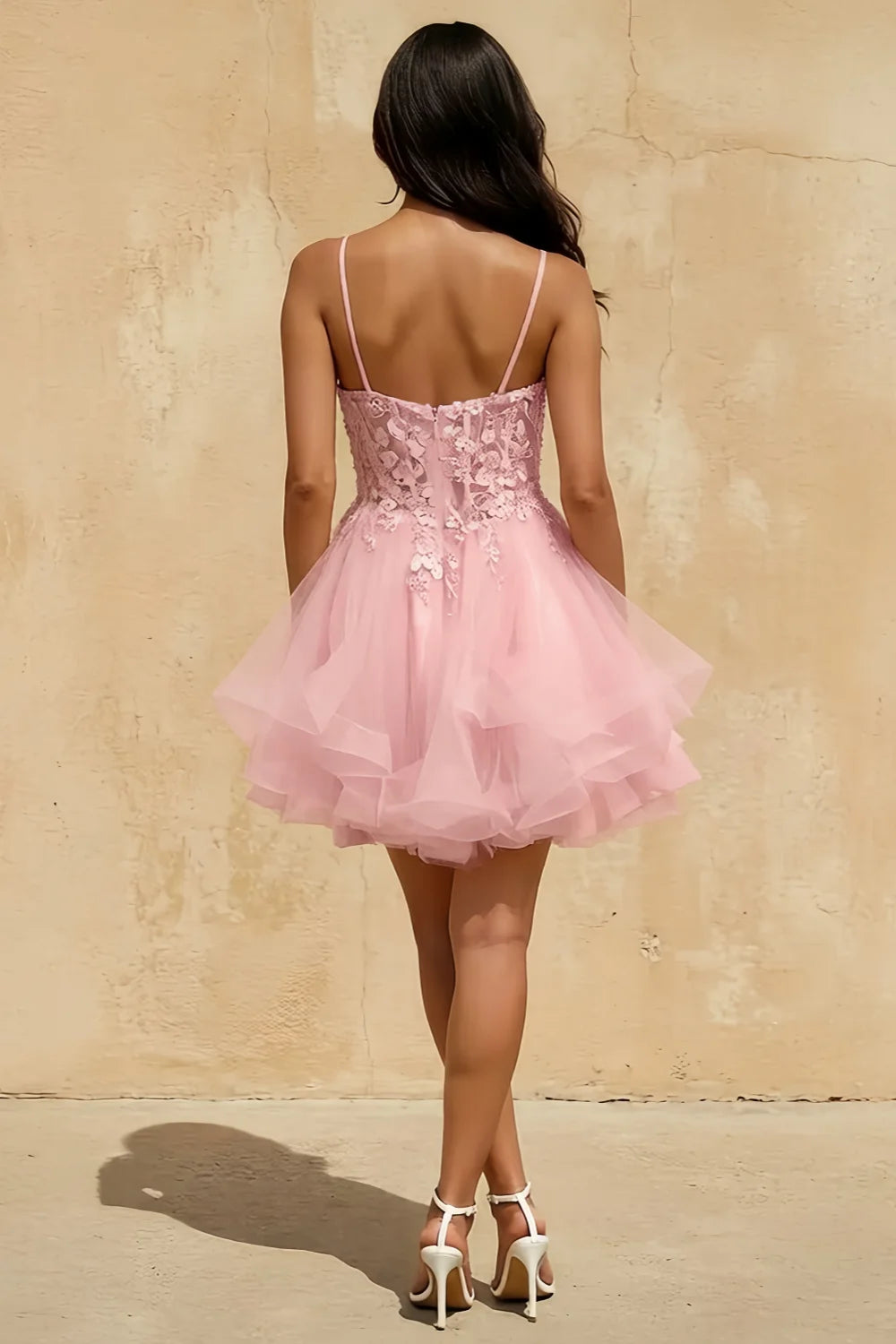 Gail Pink Rhinestone Mini Dress | Lace Tulle Prom Gown