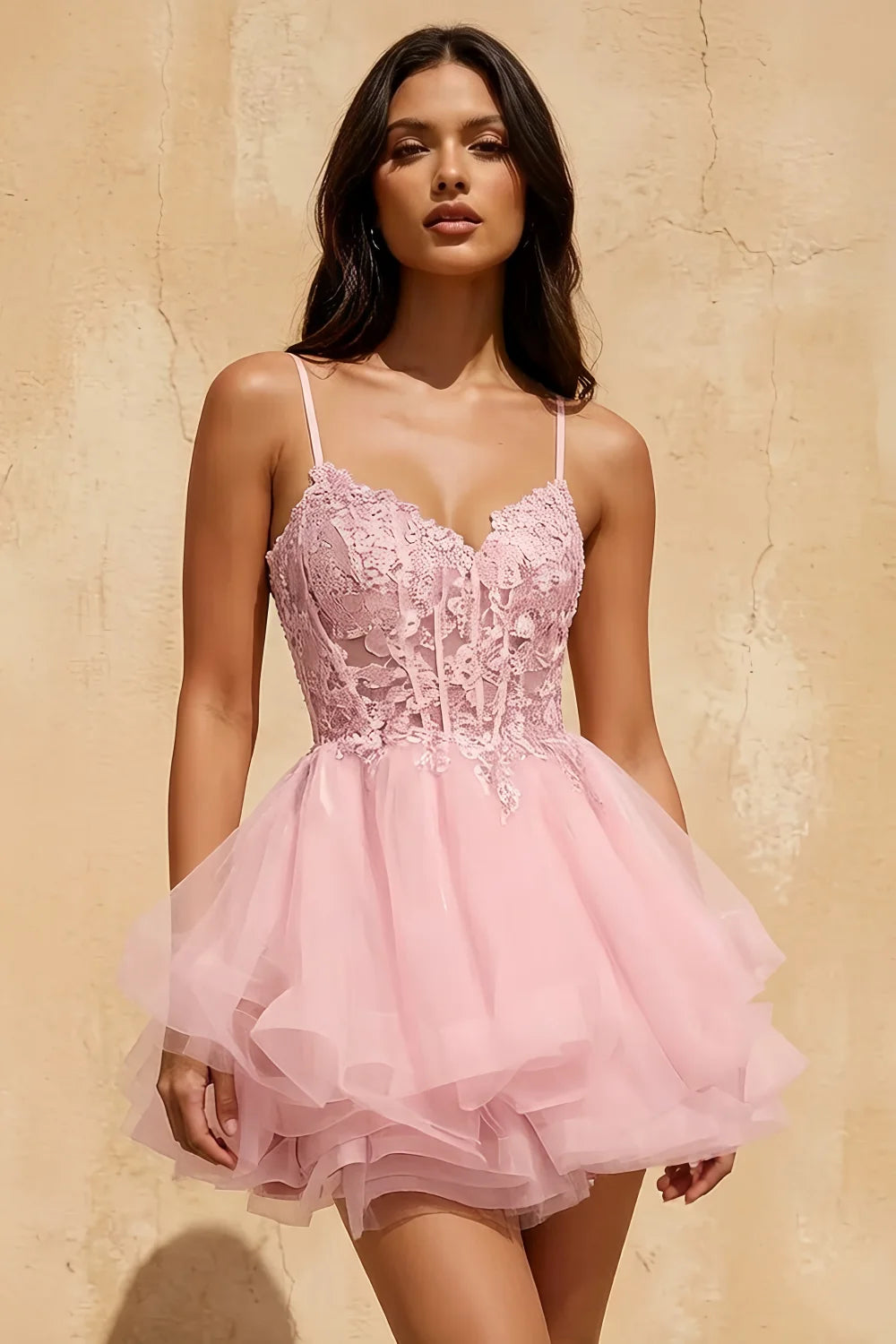 Gail Pink Rhinestone Mini Dress | Lace Tulle Prom Gown
