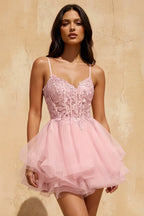 Gail Pink Rhinestone Mini Dress | Lace Tulle Prom Gown