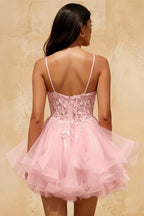 Gail Pink Rhinestone Mini Dress | Lace Tulle Prom Gown