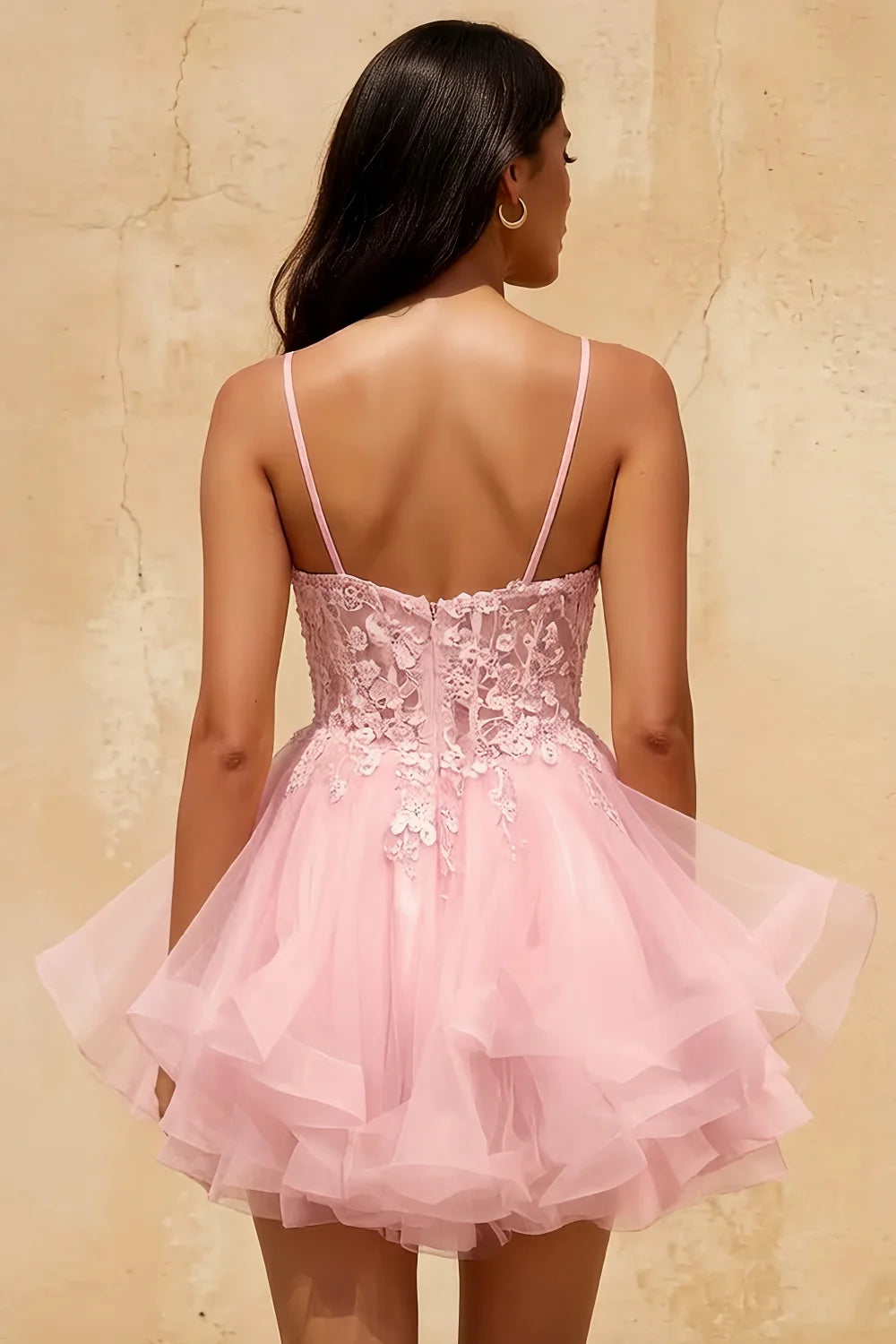 Gail Pink Rhinestone Mini Dress | Lace Tulle Prom Gown
