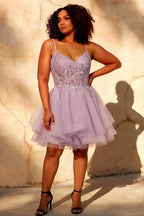 Gail Dolly Rhinestone Mini Dress in Lavender Purple