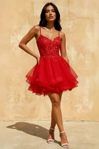 Gail Red Rhinestone Mini Dress | Lace Tulle Homecoming Gown