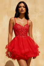 Gail Red Rhinestone Mini Dress | Lace Tulle Homecoming Gown