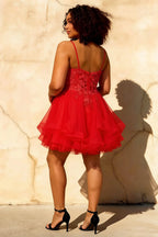 Gail Red Rhinestone Mini Dress | Lace Tulle Homecoming Gown