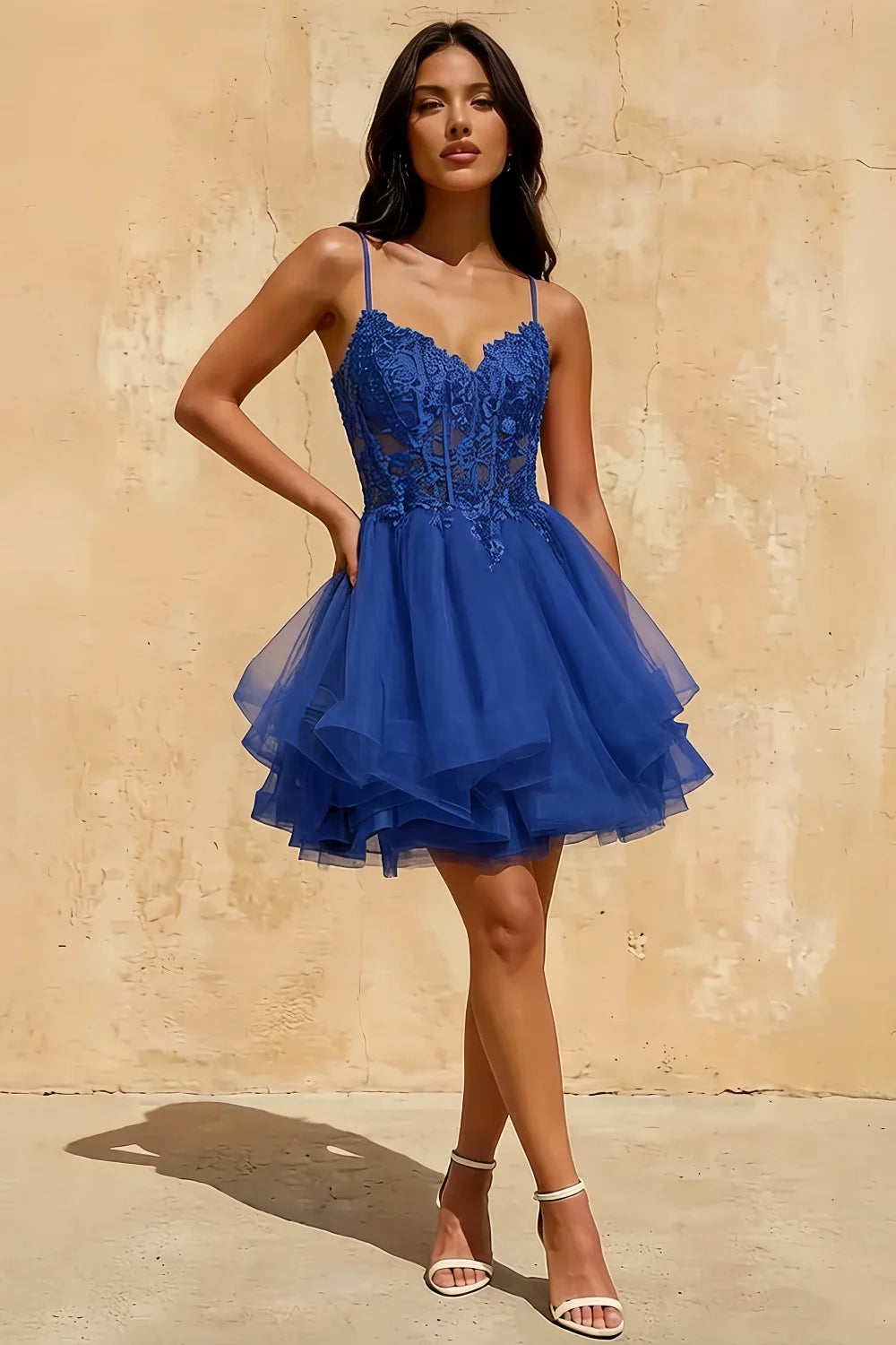 Gail Royal Blue Rhinestone Mini Dress | Lace Tulle A-Line Dress Main image