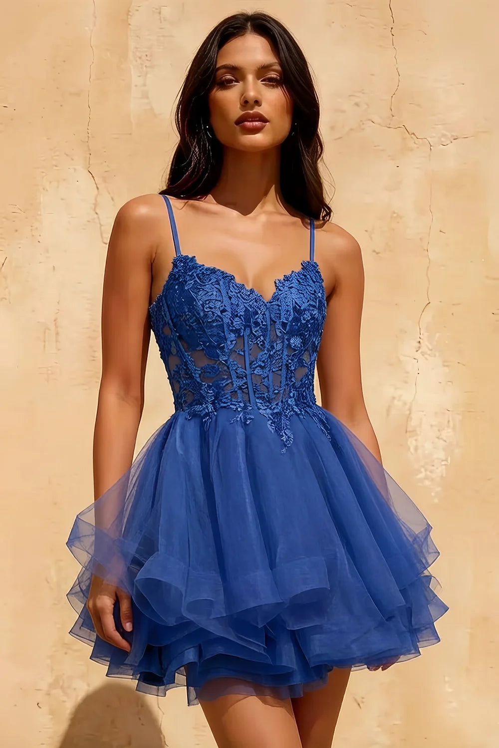 Gail Royal Blue Rhinestone Mini Dress | Lace Tulle A-Line Dress