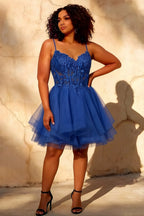 Gail Royal Blue Rhinestone Mini Dress | Lace Tulle A-Line Dress