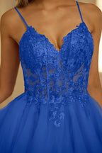 Gail Royal Blue Rhinestone Mini Dress | Lace Tulle A-Line Dress