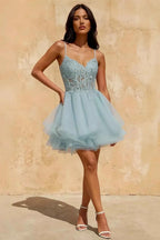 Gail Sky Blue Formal Rhinestone Mini Dress | Party Wear