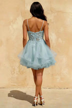 Gail Sky Blue Formal Rhinestone Mini Dress | Party Wear