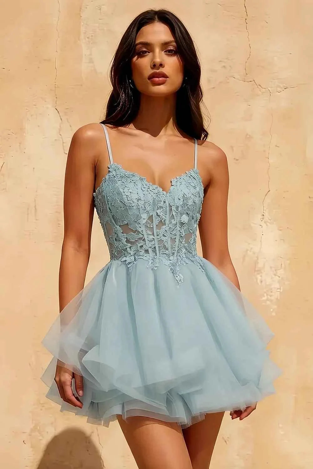 Gail Sky Blue Formal Rhinestone Mini Dress | Party Wear