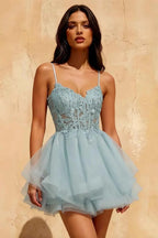 Gail Sky Blue Formal Rhinestone Mini Dress | Party Wear