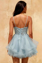 Gail Sky Blue Formal Rhinestone Mini Dress | Party Wear