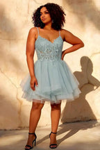 Gail Sky Blue Formal Rhinestone Mini Dress | Party Wear
